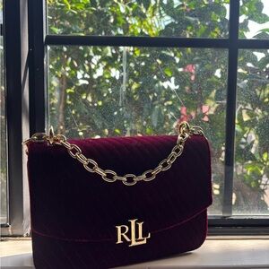 Lauren Ralph Lauren Burgundy Velvet Shoulder Bag with Gold Chain